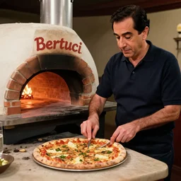 George Costanza making brick oven pizzas at a bertucci\', moderately lit, detailed, realistic