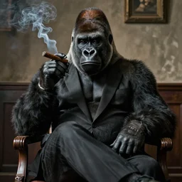 a gorilla wearing a suit sitting on a chair smoking a cigar