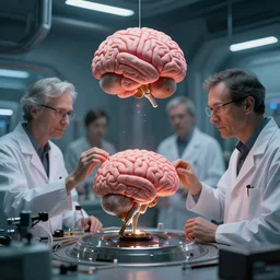 different kinds of extraterrestrial scientists creating an artificial human brain in their spaceship lab, hyper realistic, highly detailed, sharp focus, depth of field, sci - fi