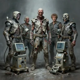 airbrushed broken & wrecked surgical machines by wayne d barlowe, jack kirby, kelly freas, donato giancola, geof darrow, alex ross, basil gogos, philippe druillet, fine art masterpiece baked at 3 0 0 f, matte painting, cold lighting, aged with sunlight, award winning horror, photorealistic render, cinematic