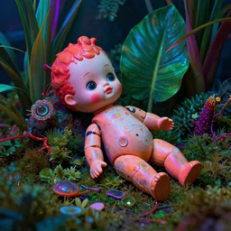 still life by evaristo baschenis, jacopo de barberi, jan davidsz de hem | broken toy doll, biopunk, vibrantly lush neon lighting, beautiful volumetric - lighting - style atmosphere, a mystical atmosphere, beautiful detailed, insanely intricate details