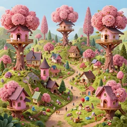 a hiper intricate 3 d artwork of a beatifull village with cute pink tree houses, intricate, highly detailed, digital painting, artstation, concept art, extremely detailed, sharp focus, octane render wide view, smooth, digital illustration, colorfull, by wlop, by hieronimus bosch,