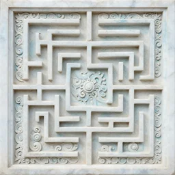 serpentine maze, fine details, fractal swirls, carved soapstone relief paneling white and pale blue