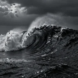 dark ocean, towering waves, black grey - scale, highly turbulent, deep _ focus, sky, elevation view, hidden hands and faces