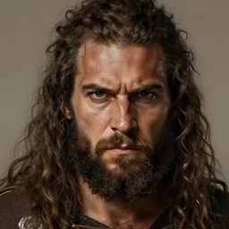 close up portrait of a male barbarian, long curly hair, unkempt beard, brown skin, angry look, matte painting, by frank franzzeta