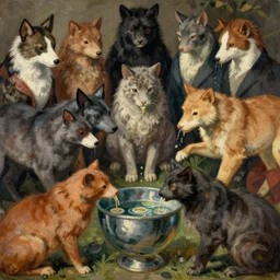 a group of animals having a drink together by frantisek kupka, intricate, miles johnston, kuroda seiki, cynical realism, ozabu, john william godward, painterly, yoshitaka amano, moebius, miles johnston, louise zhang, james jean, mark ryden