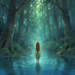 forest nymph rising from the water. view from behind, wide angle view, back view. nuri iyem, james gurney, james jean, greg rutkowski, anato finnstark. trending on artstation, starlight, and enchanted dreams