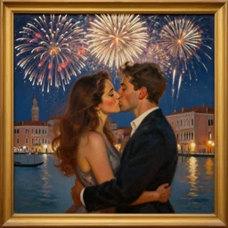 an oil painting of couple kissing, in a background fireworks in venice
