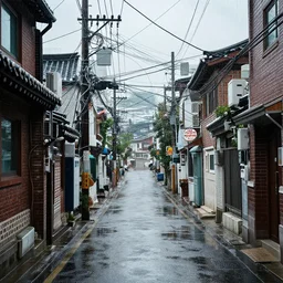 rain - soaked alley with messy overhead cables in yongsan district, seoul, south korea.