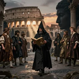half portait of magican wearing a cowl reading big old book! while walking, jeremy mann, jean leon gerome, tiepolo, alphonse mucha, greg rutkowski, face in the shadows, ( ( ruins of ancient rome ) ), at dusk, mysterious atmosphere, sunrays, dof, masterpiece, high detailed, 8 k