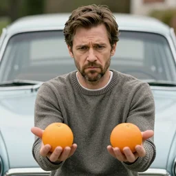 William Defoe in a sweater, with a confused face holding oranges on two outstretched hands, against the background of a retro car, focus on the foreground, realism, details,