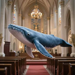 horse-legged whale praying in church, ultra realistic, highly detailed