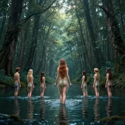 forest nymph rising from the water. view from behind, wide angle view, back view. nuri iyem, james gurney, james jean, greg rutkowski, anato finnstark, davinci, emma watson, gigachad. trending on artstation, starlight, and enchanted dreams. instagram, instagram photo shoot, trending on pinterest, award winning photography