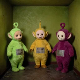 worn out teletubbies, backrooms, low key, liminal space, old camcorder