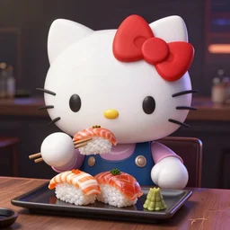 a portrait of an anthropomorphic cyberpunk hello kitty eating sushi, cyberpunk!, fantasy, elegant, digital painting, artstation, concept art, matte, sharp focus, illustration, art by josan gonzalez