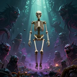 Trippie Redd as a skeleton, floating in a psychedelic void filled with dark monsters