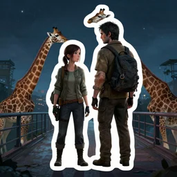 sticker the last of us ellie and joel, at night, on a bridge, giraffes