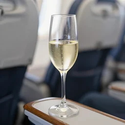 looking down at my glass of bubbly wine in premium economy, aeroplane seat, photorealism, highly detailed, wooden armrest, white wine, focus blur