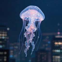 A jellyfish made of crystals, floating above a city