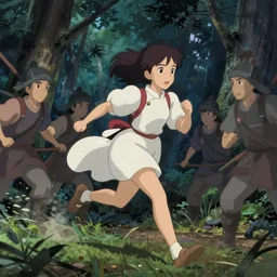 beautiful goddess running, in forest, chase by warriors, nighttime, asian, fantasy, studio ghibli, screenshot from the anime film by makoto shinkai, 8k