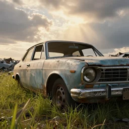 volumetric, abandoned old car close - up at a landfill, epic sky, macro, detailed, warm lighting, huge scene, beautiful, low angle, godrays, macro, trending on artstation, art greg rutkowski, concept art, by jordan grimmer, cinematic view, high detail, vivid, grass