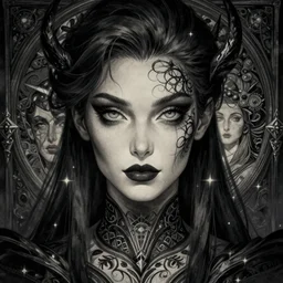 Necromancer Sorceress, filled background around face, fantasy magic, undercut hairstyle, dark light night, intricate, elegant, sharp focus, illustration, highly detailed, digital painting, concept art, matte, art by WLOP and Artgerm and Greg Rutkowski and Alphonse Mucha, masterpiece