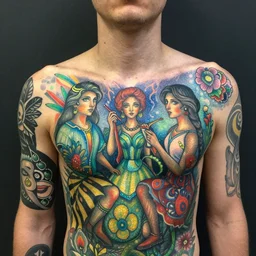 a young man has beautiful glowing tattoos on his chest and shoulders, that are strange, descriptive, graphically visual, full of interesting subjects described in great detail, painted by an artist, and unique without repetition : by kitty lange kielland and richard s. johnson, style of pointillism