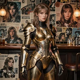 hyperdetailed beautiful armored girl in bar. artstation hq. intricate. marat zakirov. helen ilnytska. incredible background. vincent di fate. light by stuart lippincott. full height. decollage. assemblange. cgsociety. 8 0 s sci fi art