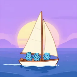 friendly alien sailors in sailboat on vast open sea cartoon soft purple sunrise hopeful hd digital