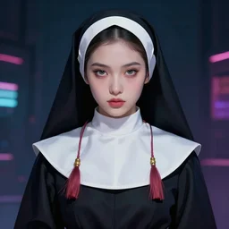 a pretty intriguing cyberpunk young nun looking piously at camera, digital art, trending on ArtStation, by Charles M. Schultz