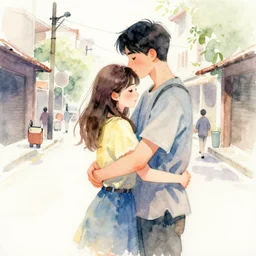 water color painting of a guy and a girl hugging in the street