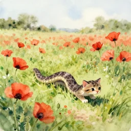 snake kitten crawling through poppy field, impressionist watercolour study, watercolour landscape, watery watercolour