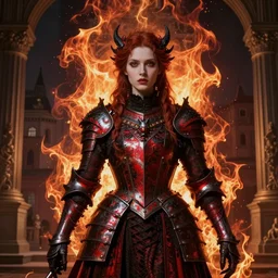 Gothic princess in dark and red dragon armor on Neoclassical city. By William-Adolphe Bouguerea, Jordan grimmer, fractal flame. Highly_detailded