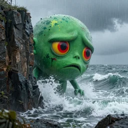 the pain is splattered on the sad monster's green face on a rainy day with stormy waves crashing against a cliff, red and yellow eyes, fantasy, realism, unreal engine