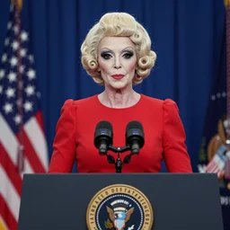 photograph of a an alien wearing a blond wig and a red dress and Joe Biden at a press conference