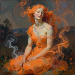 swirling safety orange, smoke by august macke. this kinetic sculpture of the beauty & mystery of the woman sitting before us. her enigmatic smile & gaze seem to invite us into her world, & we cannot help but be drawn in. the softness of her features & the delicate way she is dressed make her seem almost ethereal. the background landscape adds to the feeling of distance & mystery, making us wonder what secrets this woman holds.