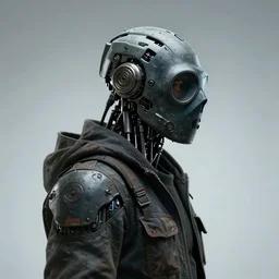 a small half - masked rugged laboratory engineer man with cybernetic enhancements as seen from a distance, scifi character portrait by greg rutkowski, esuthio, craig mullins, 1 / 4 headshot, whitespace, cinematic lighting, dystopian scifi gear, gloomy, profile picture, mechanical, cyborg, half robot, implants, dieselpunk