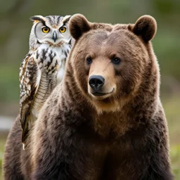 An owl crossbred with a bear. The animal has the body of a bear, with fur,  the bear is brown, it's owls head has feathers, the owls face eyes are yellow , 8k, ultra realistic, professional photography