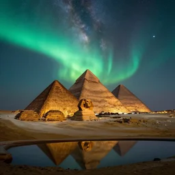 an establishing shot of the pyramids of giza, at night time, ancient civilisation, reflecting pool, milky way, strong aurora overhead, northern lights, anamorphic, cinestill colour cinematography, by jesper ejsing