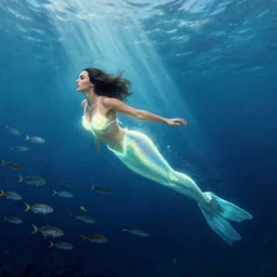 Full body photo of the beautiful woman Gal Gadot as a siren, she is swimming under the sea, she is leading a variety of school of fish, she has a glow coming from her, she is getting illuminated for rays of light that cross the sea, the photo was taking by Annie Leibovitz, matte painting, oil painting, naturalism, 4k, 8k