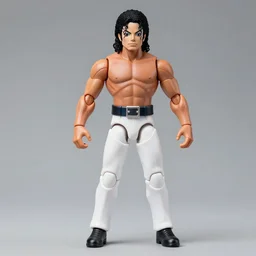 michael jackson muscular powerlifter by neca!!! pretty! beautiful! shirtless muscular white pants very detailed realistic action figure by neca. face close up headshot. in the style of tekken 5, character from mortal kombat, film still, bokehs