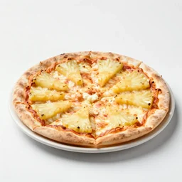 one round tasty pizza on a plat in a restaurant with pineapple and ham, the restaurant is at the coast of italy, ultra realistic, artstation