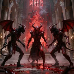 demonic entities battle astaroth in an abandoned church in the vatican, 8 k, soft lighting, hdr, octane render, cinematic, red fluid on walls of the church, smoke, yasushi nirasawa designed creatures, photorealistic, bokeh