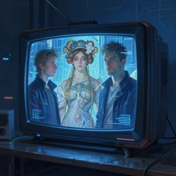 a hyper detailed painting of a cyberpunk TV, blue tones, highly detailed, digital painting, artstation, concept art, smooth, sharp focus, illustration, art by artgerm and greg rutkowski and alphonse mucha