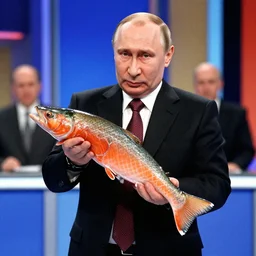 7 0 s movie still of putin in game show, proudly holding a salmon. cinestill 8 0 0 t _ 3 5 mm eastmancolor, heavy grain, high quality, high detail