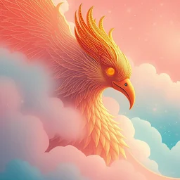 a victo ngai and hideo minaba art work. a close up view of a phoenix in the fog and clouds. waves of stars. ultra clear detailed. millennial pink, golden and tiffany blue
