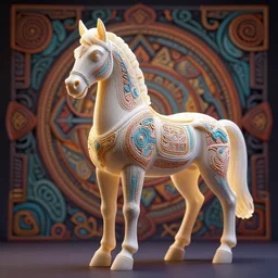 a photo - real delicate 3 d sculpture of an ornate detailed horse in front of an intricate background by aj fosik, micro detail, backlit lighting, octane renderer, colourful, physically based rendering, tribal art, trending on cgsociety