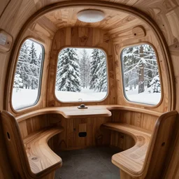 the interior of a 1 9 8 0 s space ship carved out of wood, designed by eero saarinen, trees and snow visible through the windows