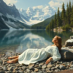 painting of a beautiful woman in a white robe lying on pebbles by a beautiful lake in a virgin forest, snowy mountains in the background, in the style of andrew newell wyeth, highly detailed