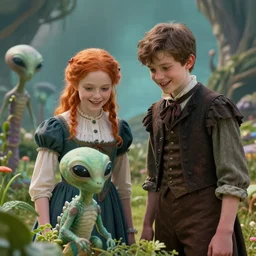 a girl and a boy standing next to some alien plants, looking happy, wearing victorian clothes, they are playing with their small pet alien creature, in a park on a alien planet, extremely high details, ultra realistic facial details, in focus faces, ultra photorealistic raytracing, 8k